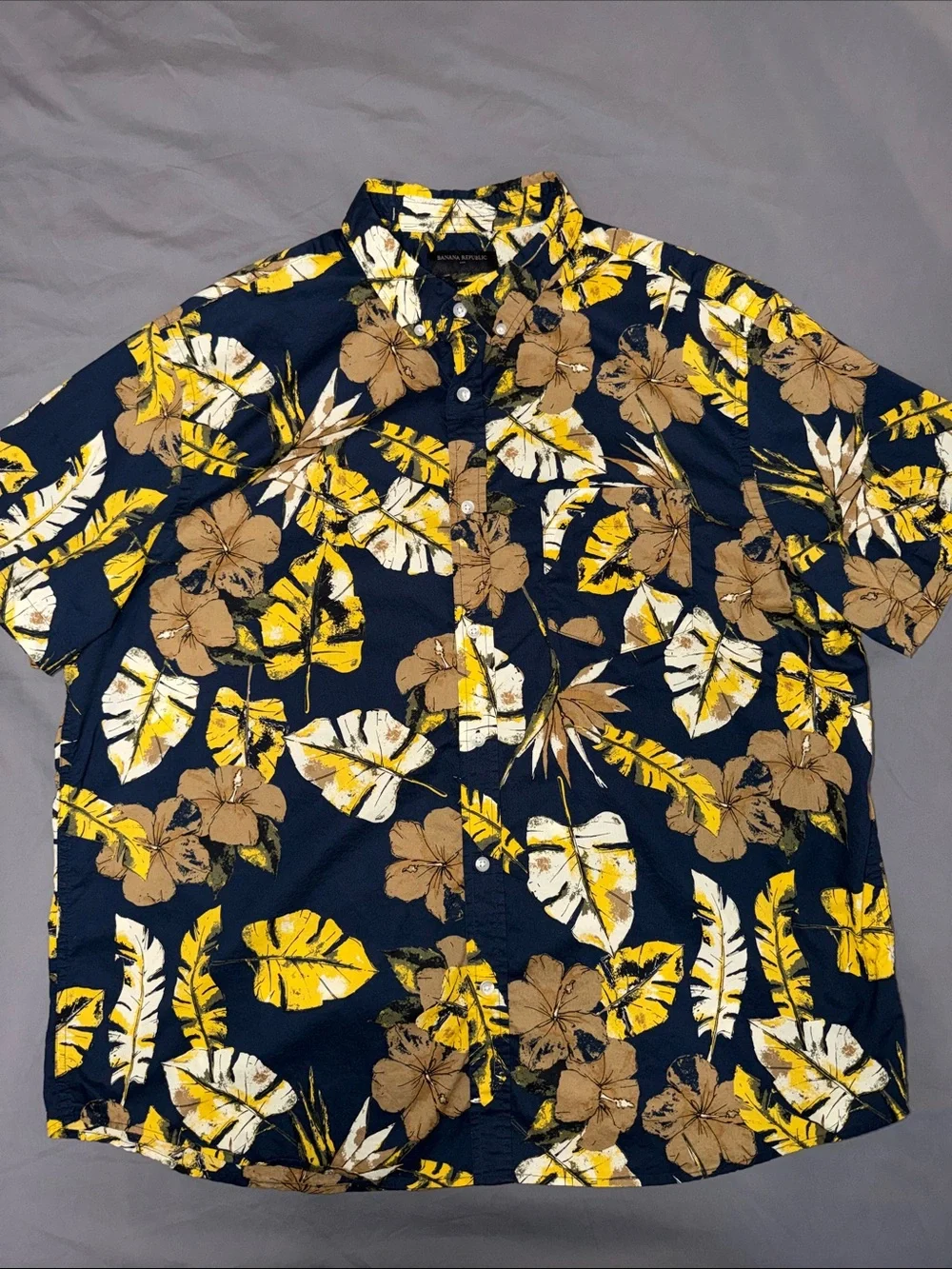 Banana Republic Navy Short-Sleeve Button-Down with Yellow & Brown Floral Print